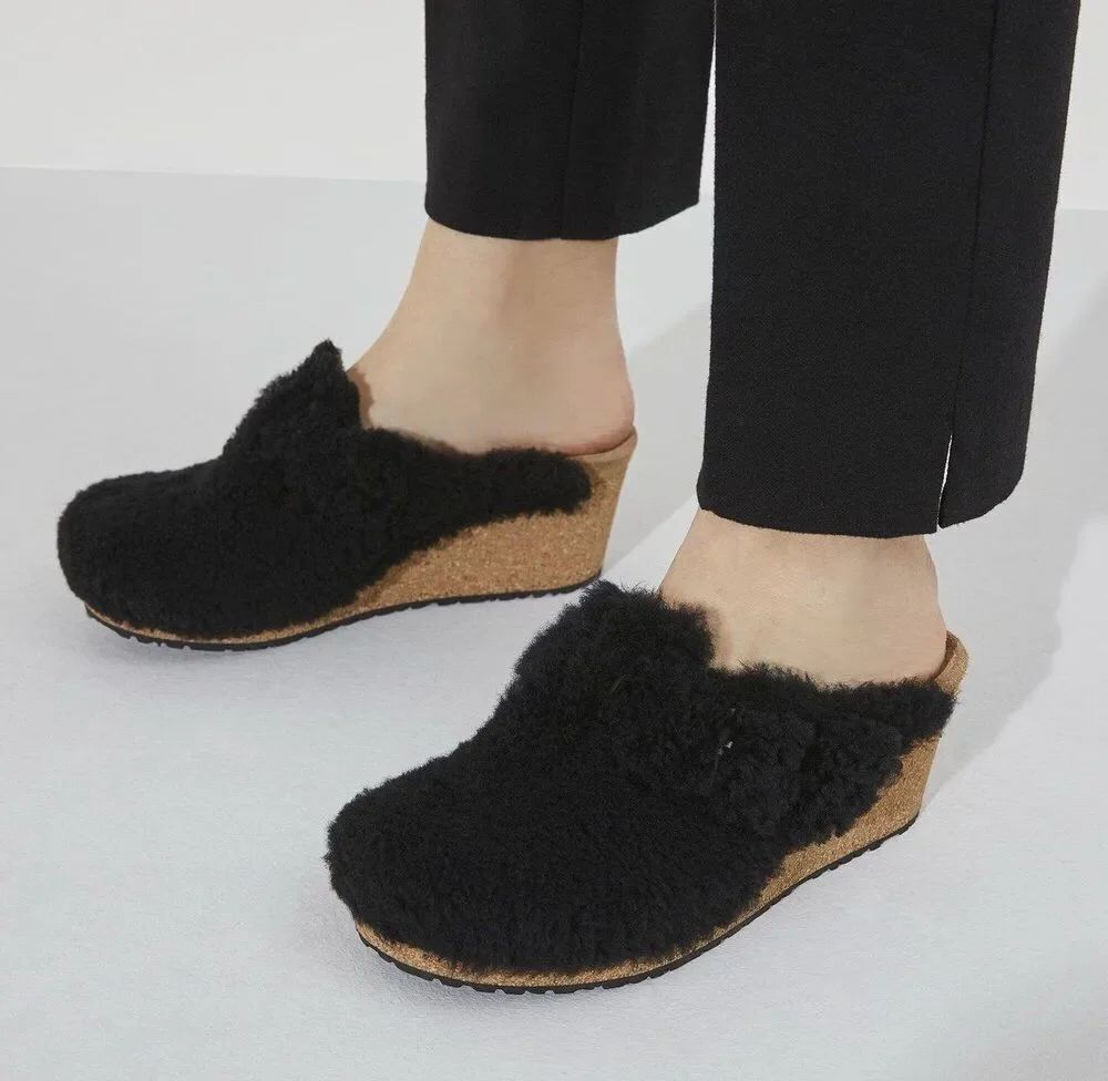 PAPILLIO by BIRKENSTOCK black teddy platform clog mules slip on shoes eur 40 new
